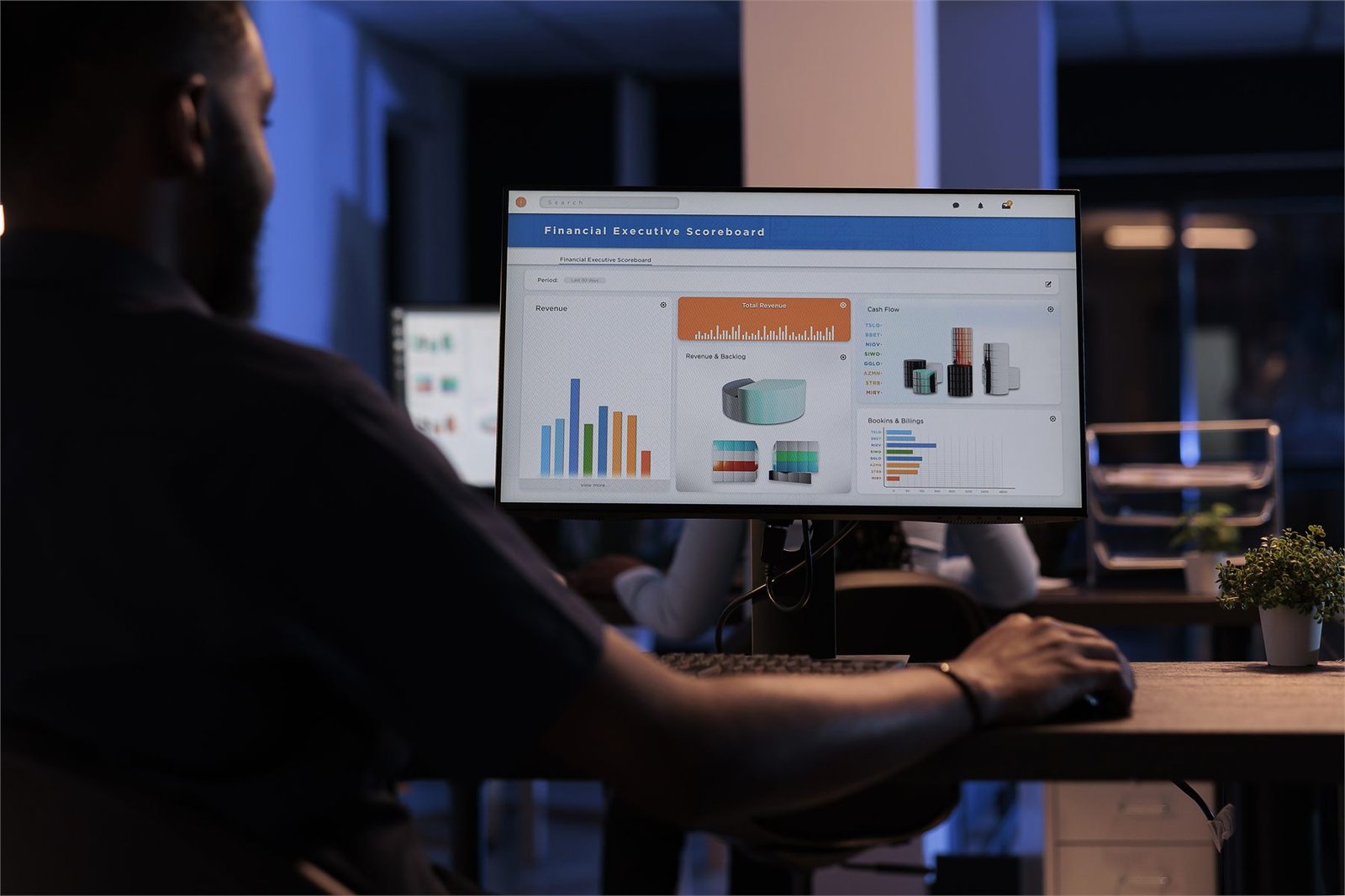 Financial charts and business performance data on a desk