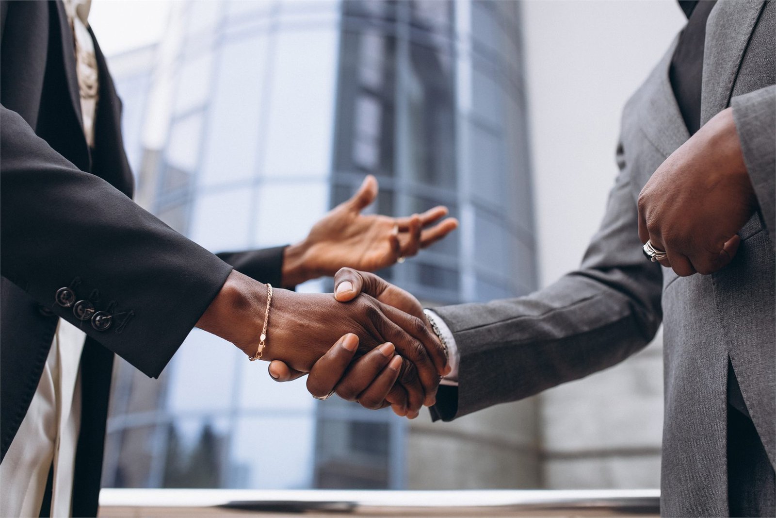 Two business people shaking hands after a successful advisory meeting